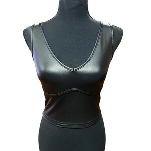 Faux Leather Sleeveless Crop Top Women Small Black V-Neckline whimsigoth